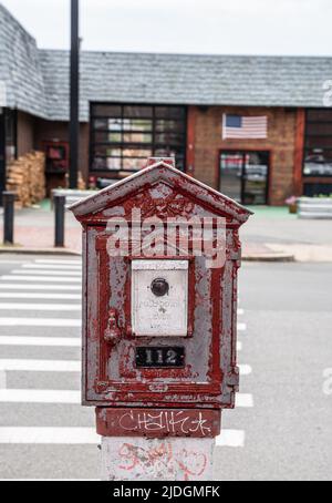 Salem, MA USA - June 12, 2022 - an old pull down fire alarm in the historic Stock Photo