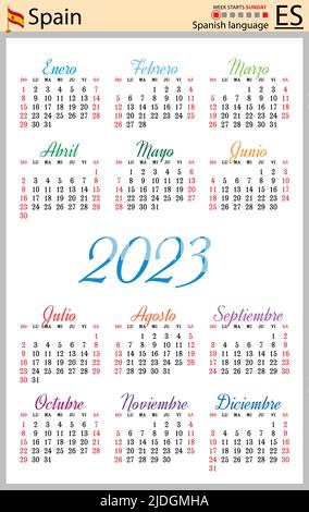 Spanish vertical pocket calendar for 2023 (two thousand twenty three). Week starts Sunday. New year. Color simple design. Vector Stock Vector