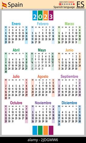 Spanish vertical pocket calendar for 2023 (two thousand twenty three). Week starts Sunday. New year. Color simple design. Vector Stock Vector