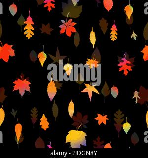 Seamless pattern falling autumn leaves on a black background. Vector illustration Stock Vector