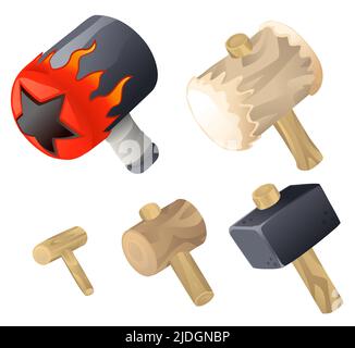 Hammers of different power cartoon design element set, isolated color vector, horizontal Stock Vector