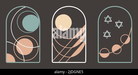 Boho magic abstract simple posters, arch windows set. Bohemian sun, moon, lines, stars. Minimalistic geometric abstraction with circles, stars. Room interior wall decor vector illustration Stock Vector