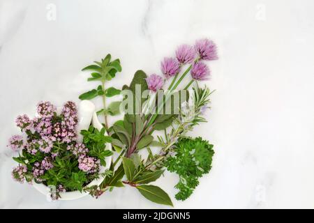 Kitchen garden organic herb collection for food seasoning on marble background. Healthy sustainable freshly picked cooking concept. Flat lay, top view Stock Photo