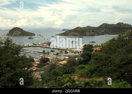 Port of Labuan Bajo is seen from a hill in Labuan Bajo, Komodo, West Manggarai, East Nusa Tenggara, Indonesia. Stock Photo