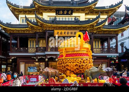 Tourist visits the famous lanterns display inside of Yu Yuan, Yu Garden, during the Lantern Festival in the Year of the Ox. Stock Photo