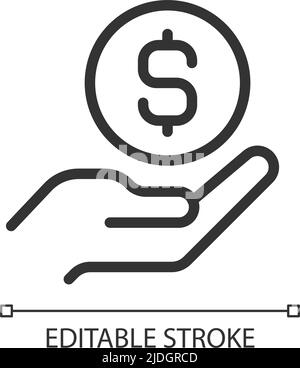 Coin in hand pixel perfect linear icon Stock Vector