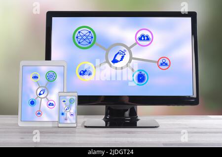 5g concept shown on different information technology devices Stock Photo