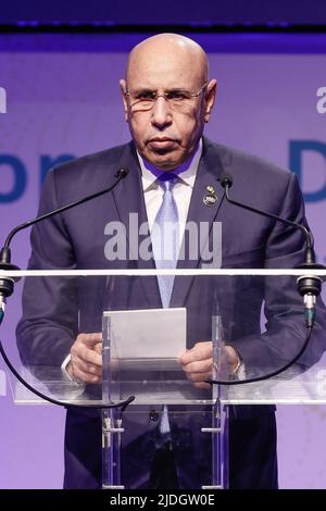 Brussels, Belgium, 21 June 2022. Mauritania President Mohamed Ould Ghazouani delivers a speech at the European development days with the Belgian Queen as defender of United Nations sustainable developments goals, in Brussels, Tuesday 21 June 2022. BELGA PHOTO BRUNO FAHY Stock Photo