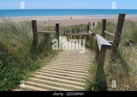 Littlempton, West Sussex, UK. A boarded footpath runs through the sand dunes behind West beach. Stock Photo