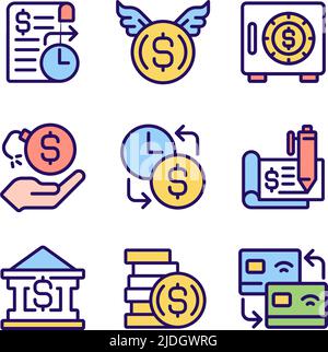 Financial activities pixel perfect RGB color icons set Stock Vector
