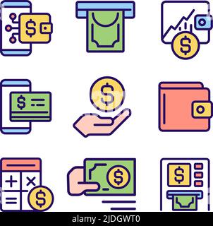 Financial management pixel perfect RGB color icons set Stock Vector