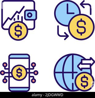 Daily cash flow pixel perfect RGB color icons set Stock Vector