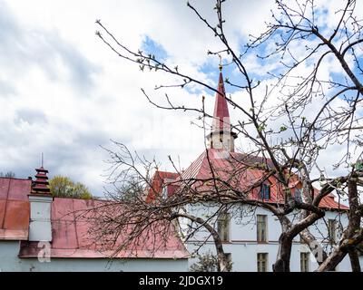 Gatchina, Russia - May 15, 2022: blossoming tree and Priory Palace in spring day in Gatchina town. Gatchina Palace received UNESCO World Heritage Site Stock Photo