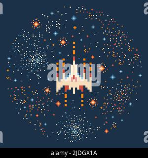 8 bit Pixel Art Spaceship in Outer Space Stock Vector
