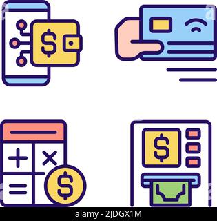 Cash flow activities pixel perfect RGB color icons set Stock Vector