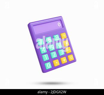 Calculator 3d icon. Purple digital calculator on the top view white background. Calculating, Accounting, financial analytics, bookkeeping, budget. Stock Photo