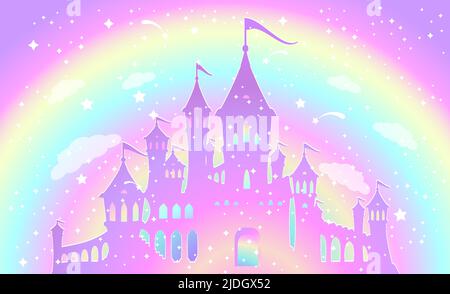 Magic princess palace and rainbow sky. Stock Vector