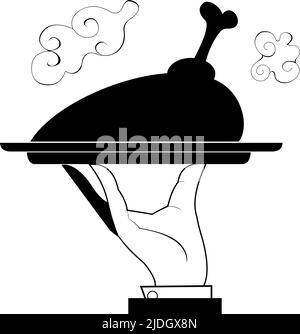 Waiter hand holding meat on the tray. Hand of the waiter holding a tray with fried meat, duck or chicken leg. Black and white Stock Vector