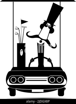 Funny man rides the golf cart illustration. Cartoon long mustache gentleman in the top hat is going to play golf in the golf cart black and white Stock Vector