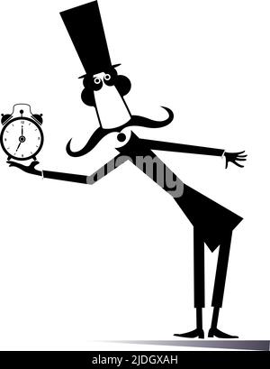 Cartoon man in the top hat holding alarm clock.  Comic long mustache man in the top hat holding time clock. Black on white background Stock Vector