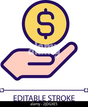 Coin in hand pixel perfect RGB color icon Stock Vector