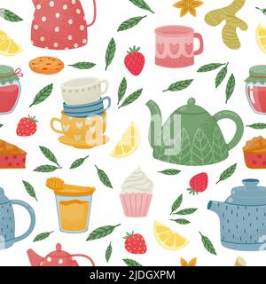 Decorative tea time seamless pattern with teapot and cup Stock Vector