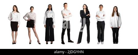Composite image of young people, men and women standing isolated over white background, Horizontal flyer, banner. Models wearing business style Stock Photo