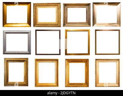 set of various blank square old picture frames cutout on white background Stock Photo