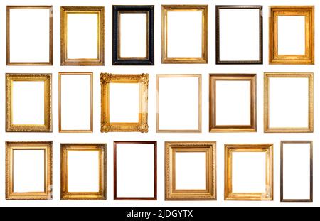 set of various blank vertical old picture frames cutout on white background Stock Photo