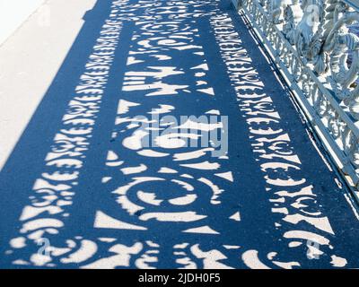 ornamental railing of Annunciation Bridge across Great Neva river in St Petersburg city, Russia on sunny May day Stock Photo