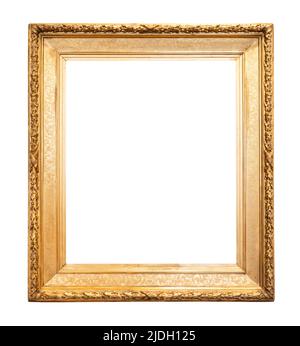 blank vertical wide decorated old golden picture frame cutout on white background Stock Photo