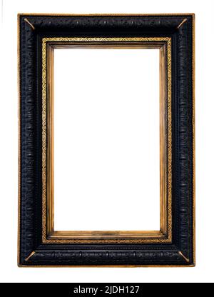 blank vertical old black and golden picture frame cutout on white background Stock Photo