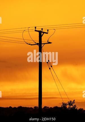 Wooden electricity distribution pole and cables at sunset. UK Stock Photo