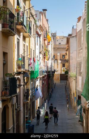 View of narrow streets with balconies and historic buildings in a ...