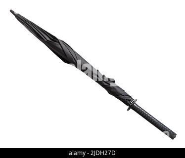 Collapsed black large umbrella with straight handle like katana cutout on white background Stock Photo