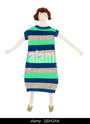 embroidered patchwork woman in striped dress cutout on white background Stock Photo
