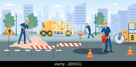 Road works, workers repair street renovate asphalt Stock Vector