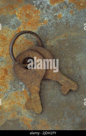 Two small simple rusty keys on keyring lying on rusty metal sheet Stock Photo