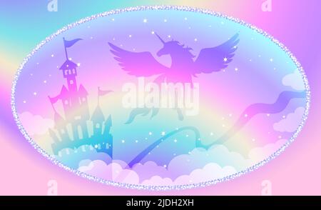 Fantasy background of magic rainbow sky with sparkles and glitter, winged unicorn. Stock Vector