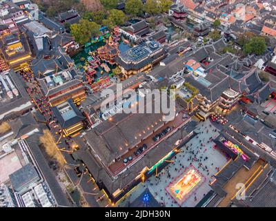 Aerial view of Yu Yuan (Yu Garden) at dusk during the lantern festival of the Year of the Ox in Shanghai. Stock Photo