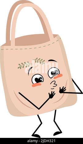 Cute character fabric bag with love emotions, smile face, arms and legs. Shopper with funny face, ecological alternative to plastic bag. Vector flat illustration Stock Vector