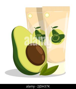 Tube of avocado oil hand cream. Natural cosmetics for face and hands. Cartoon vector isolated on white background Stock Vector