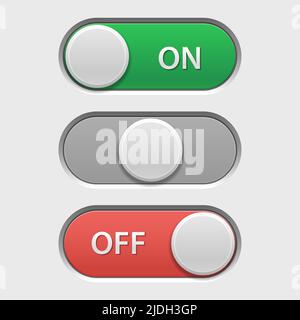 On off button. User interface switch for adjustment menu in on, neutral, and off option positions, modern web and phone UI elements. Vector set Stock Vector