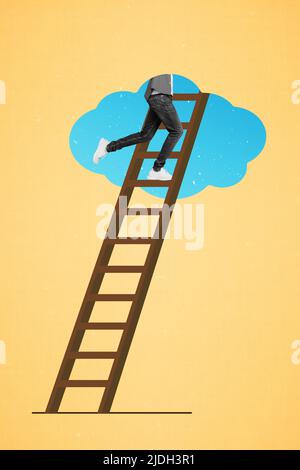 Vertical collage picture of guy climbing ladder blue drawing sky cloud isolated on creative background Stock Photo