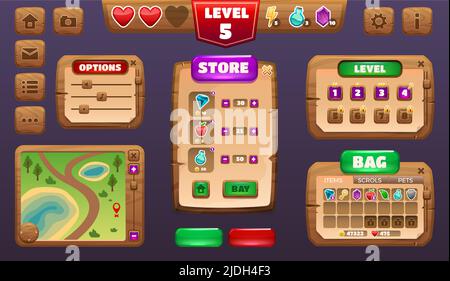 Game UI kit. Cartoon menu and interface constructor asset, RPG game elements, map level character inventory achievements table. Vector set Stock Vector