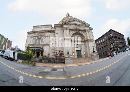 A fisheye lens view of the landmark Williamsburgh Savings Bank on 175 Broadway in Williamsburg, Brooklyn, New York. Stock Photo