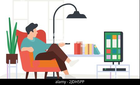 Man watching tv at home. Comfortable resting time Stock Vector