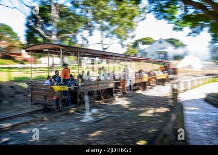 Passengers riding the Mary Ann replica steam locomotive in Maryborough Queensland, Australia Stock Photo