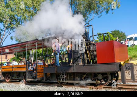 Passengers riding the Mary Ann replica steam locomotive in Maryborough Queensland, Australia Stock Photo