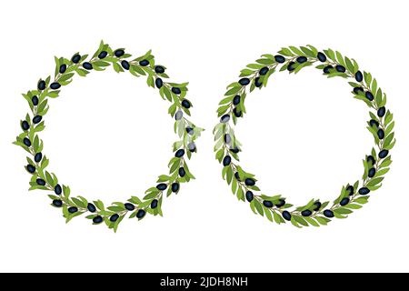 Wreath black olives hand drawn doodle round frame with branches leaves and green berry. Vector illustration Stock Vector